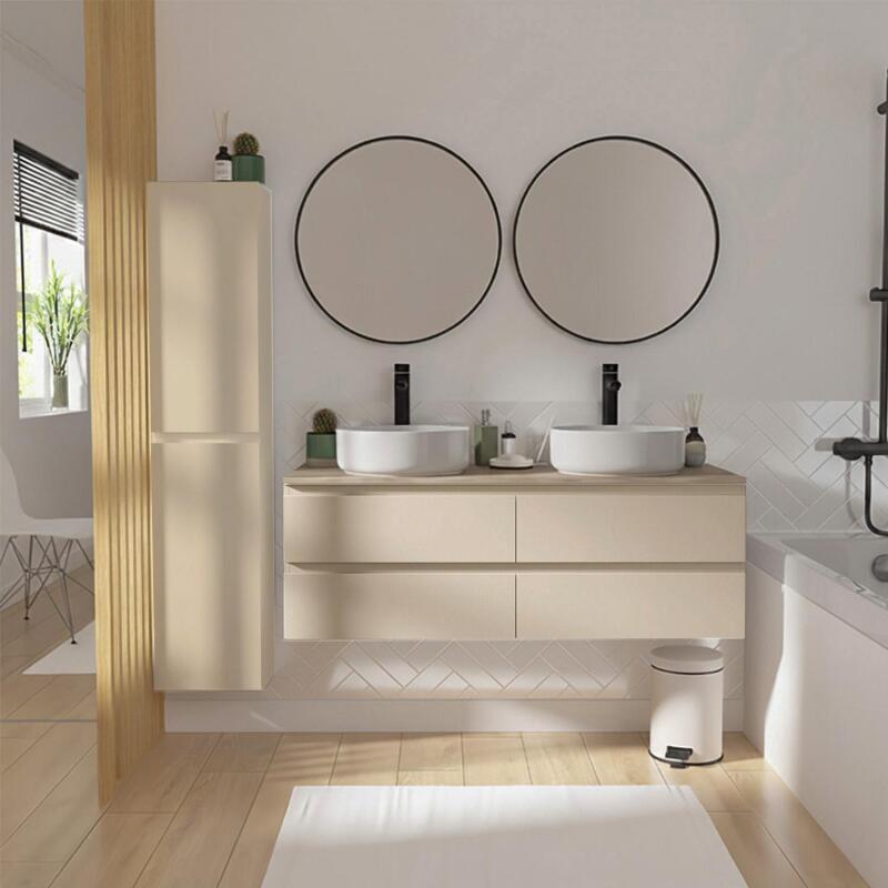 Ensemble double vasque suspendu avec plan bois, vasques, robinets, miroirs et colonne 120cm