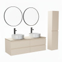 Ensemble double vasque suspendu avec plan bois, vasques, robinets, miroirs et colonne 120cm