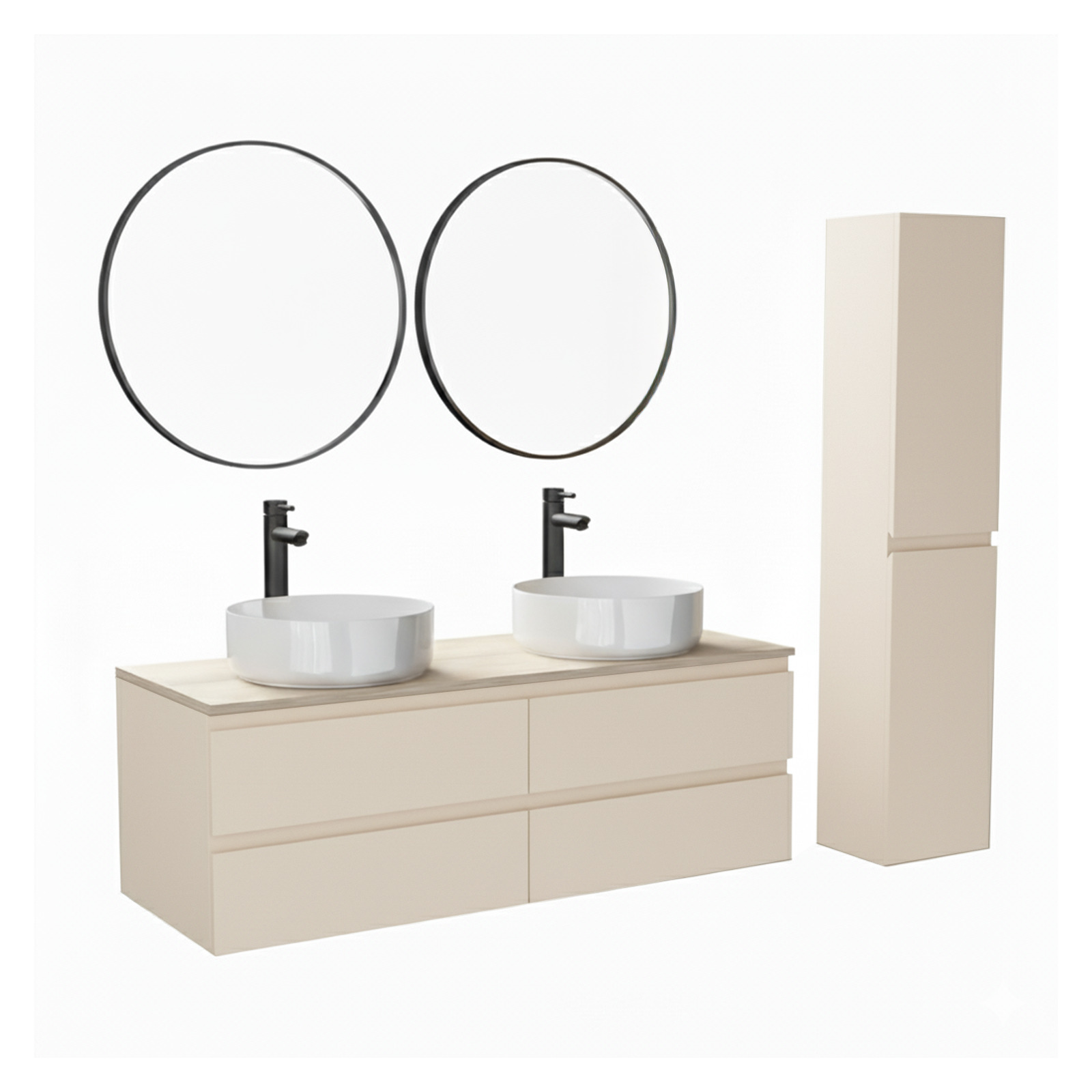 Ensemble double vasque suspendu avec plan bois, vasques, robinets, miroirs et colonne 120cm