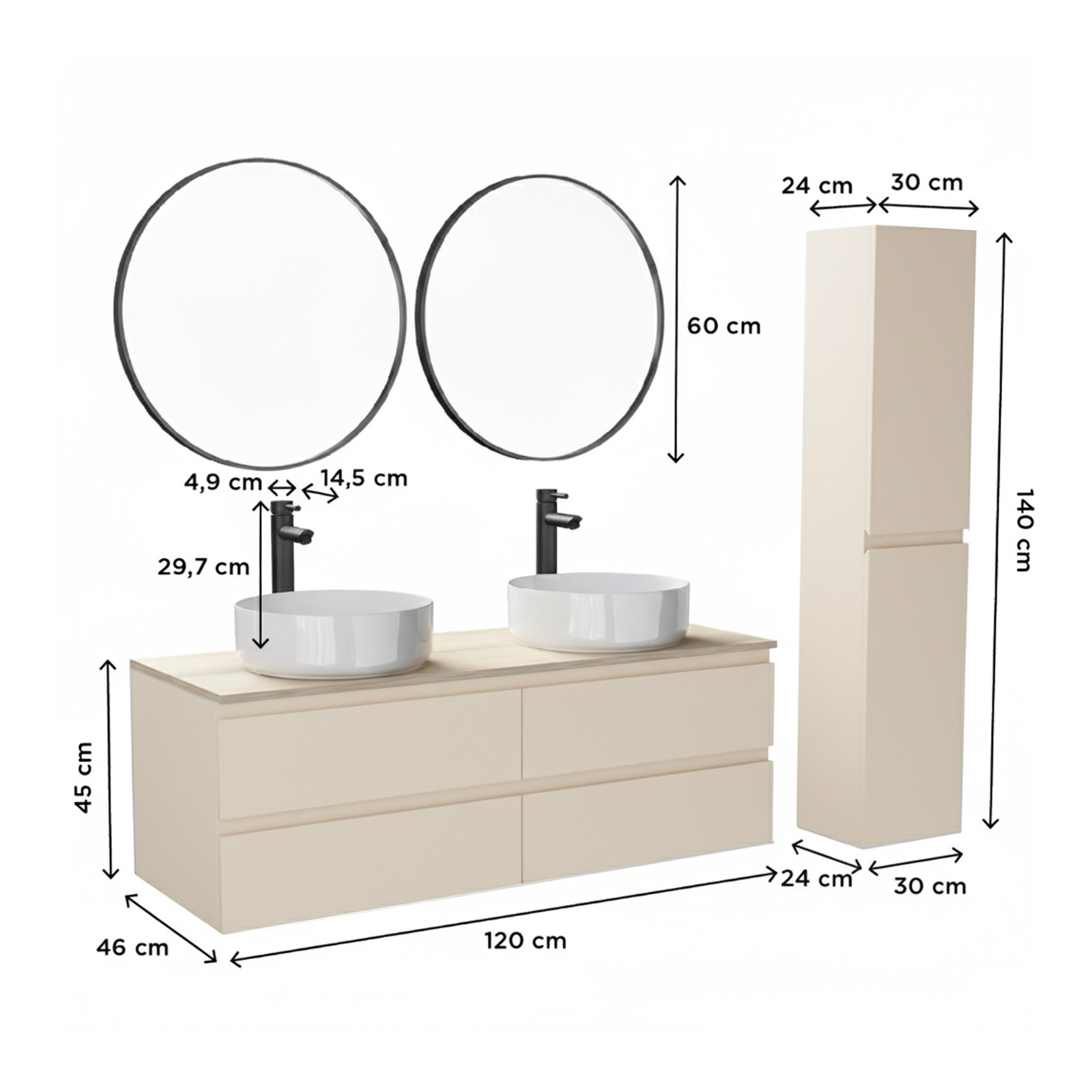 Ensemble double vasque suspendu avec plan bois, vasques, robinets, miroirs et colonne 120cm
