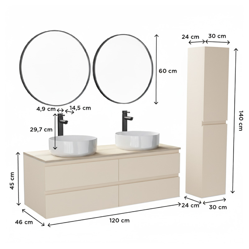 Ensemble double vasque suspendu avec plan bois, vasques, robinets, miroirs et colonne 120cm