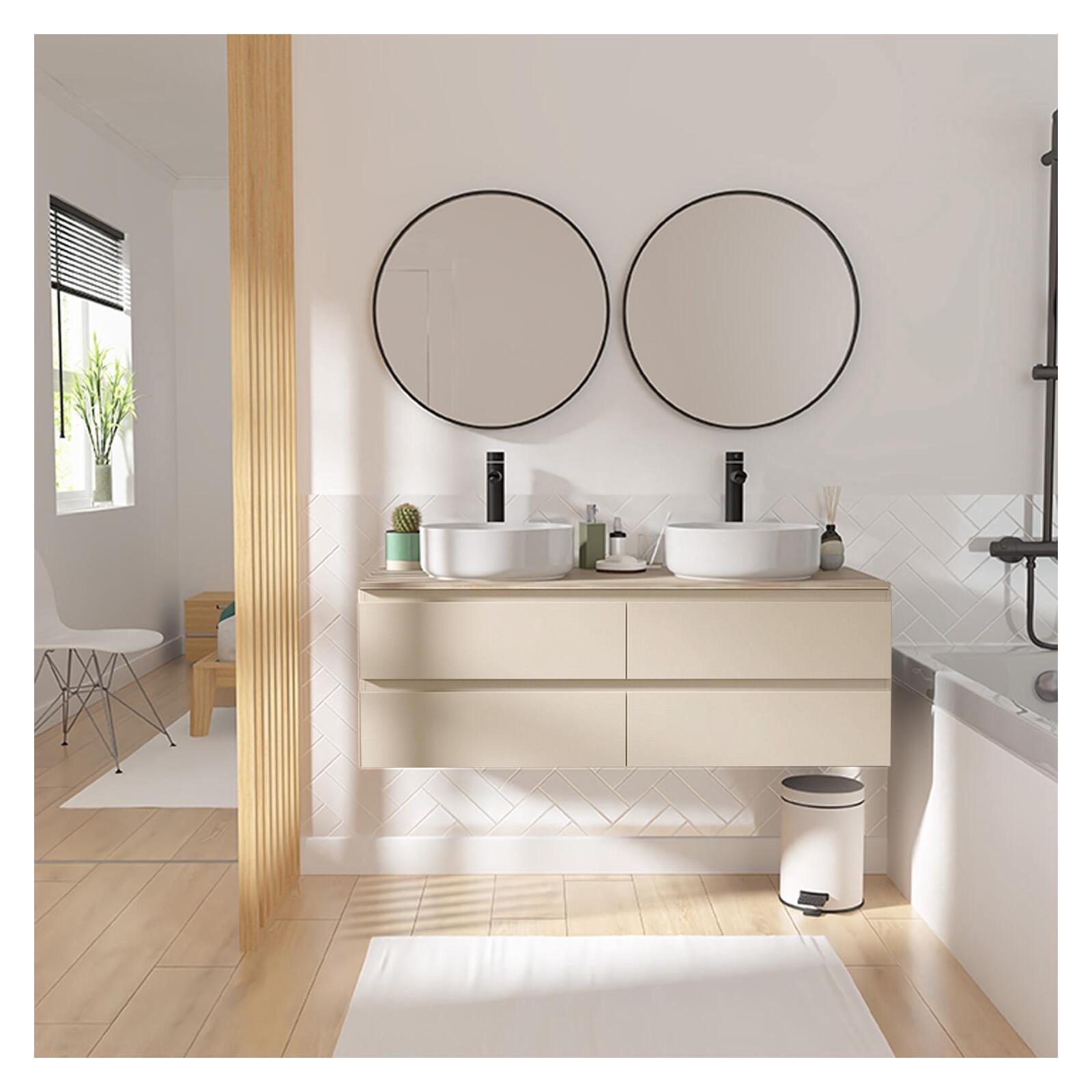 Ensemble double vasque suspendu avec plan bois, vasques, robinets et miroirs 120cm