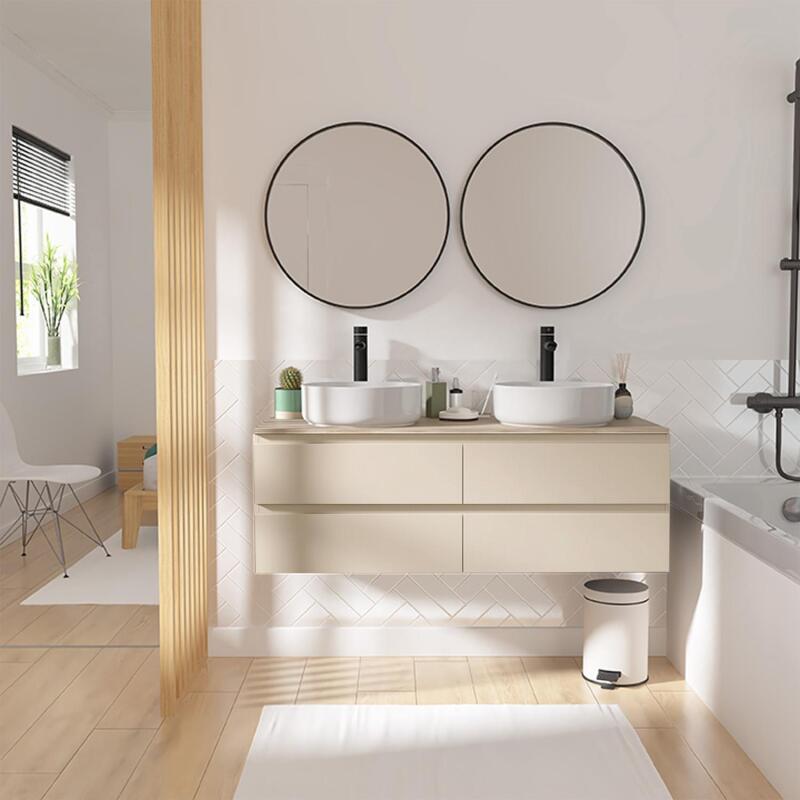 Ensemble double vasque suspendu avec plan bois, vasques, robinets et miroirs 120cm