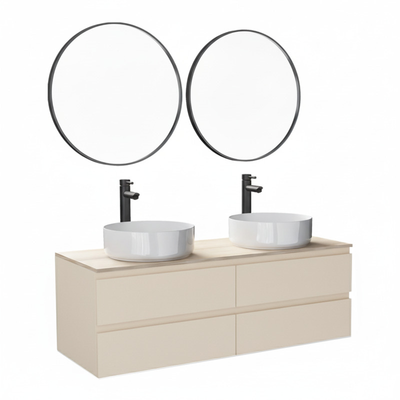 Ensemble double vasque suspendu avec plan bois, vasques, robinets et miroirs 120cm
