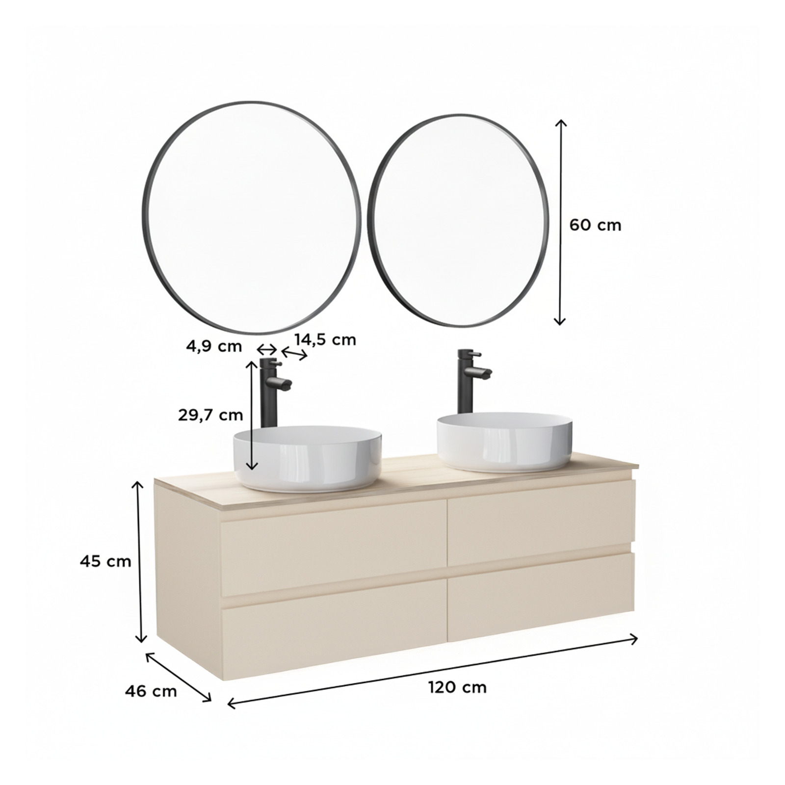 Ensemble double vasque suspendu avec plan bois, vasques, robinets et miroirs 120cm