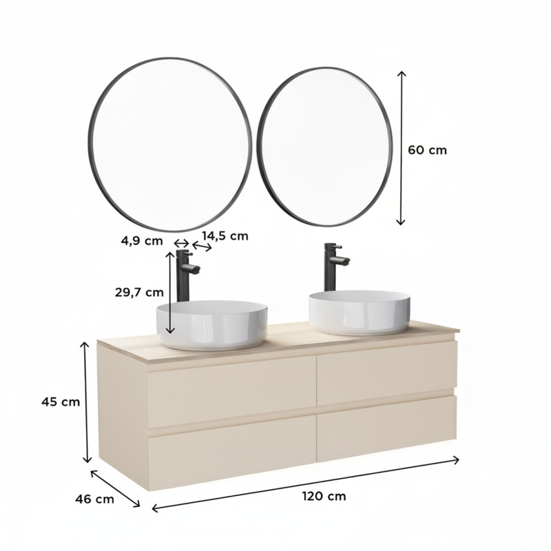 Ensemble double vasque suspendu avec plan bois, vasques, robinets et miroirs 120cm