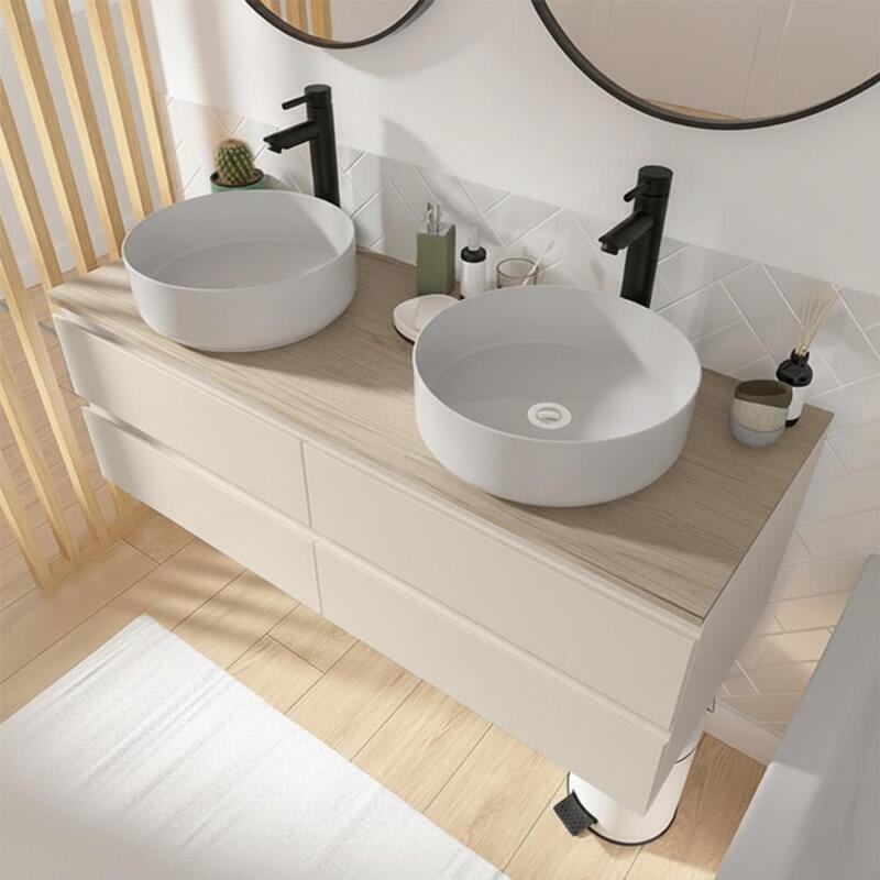 Ensemble double vasque suspendu avec plan bois, vasques, robinets et miroirs 120cm