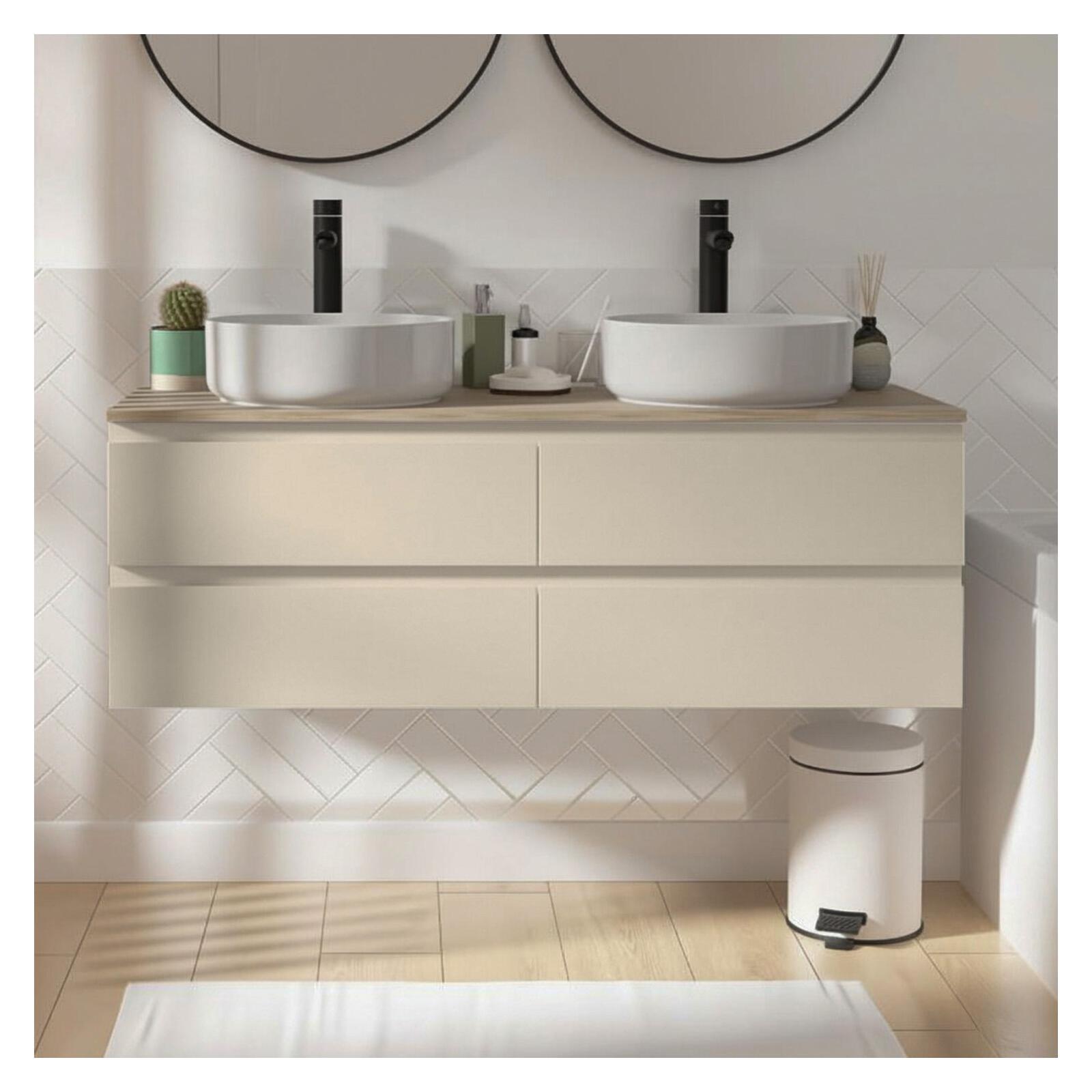 Ensemble double vasque suspendu avec plan bois, vasques et robinets 120 cm