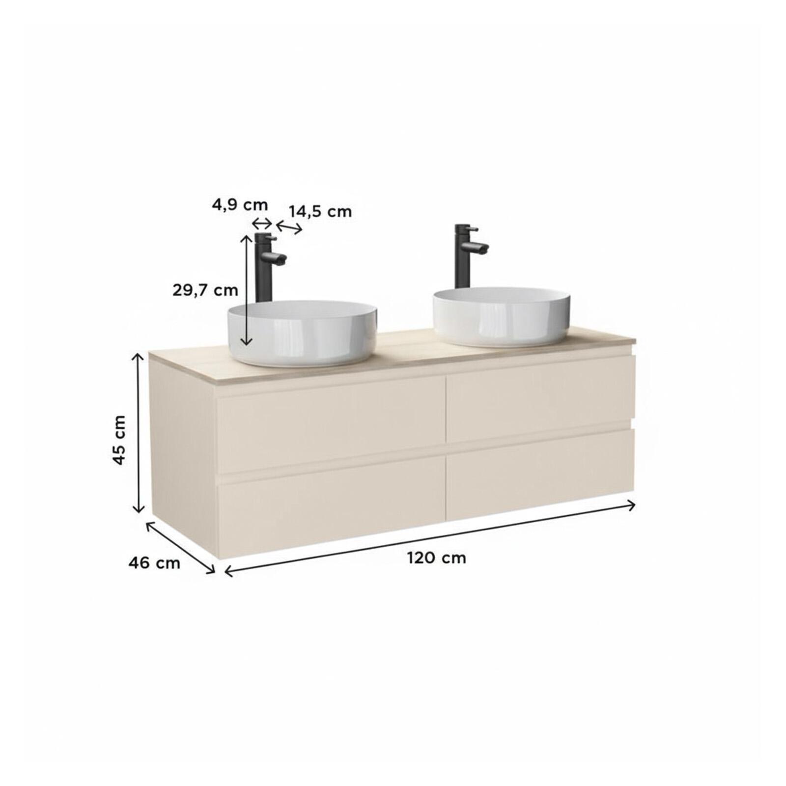 Ensemble double vasque suspendu avec plan bois, vasques et robinets 120 cm