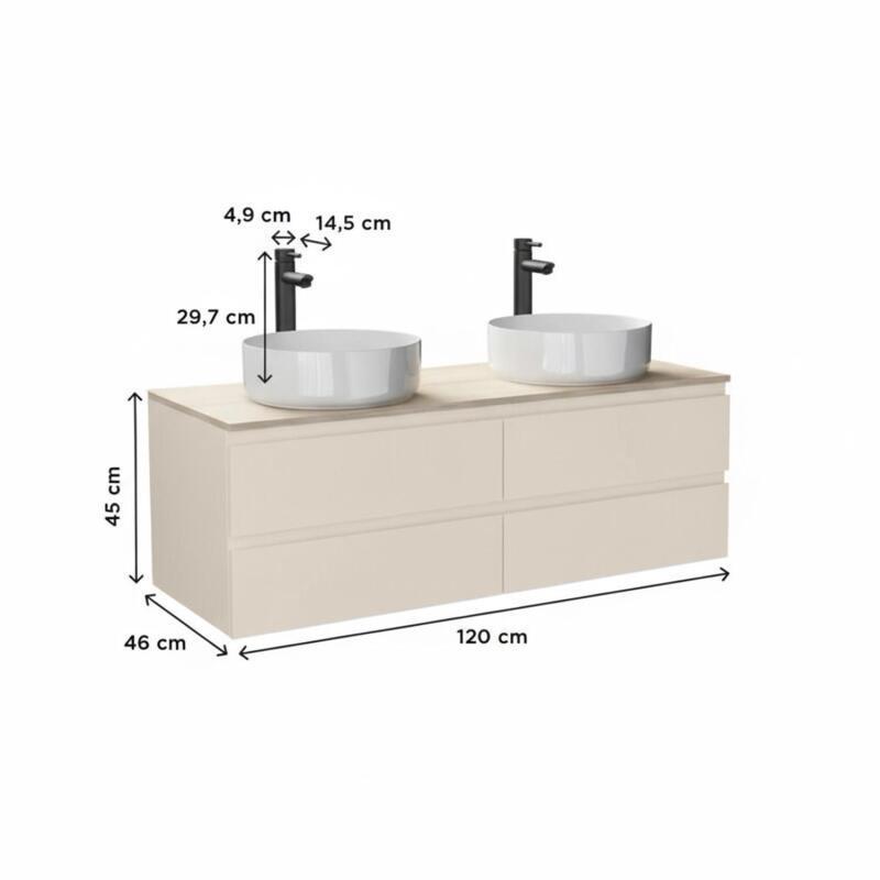 Ensemble double vasque suspendu avec plan bois, vasques et robinets 120 cm