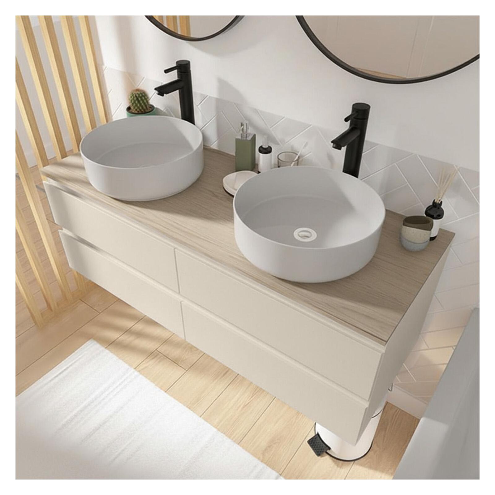 Ensemble double vasque suspendu avec plan bois, vasques et robinets 120 cm