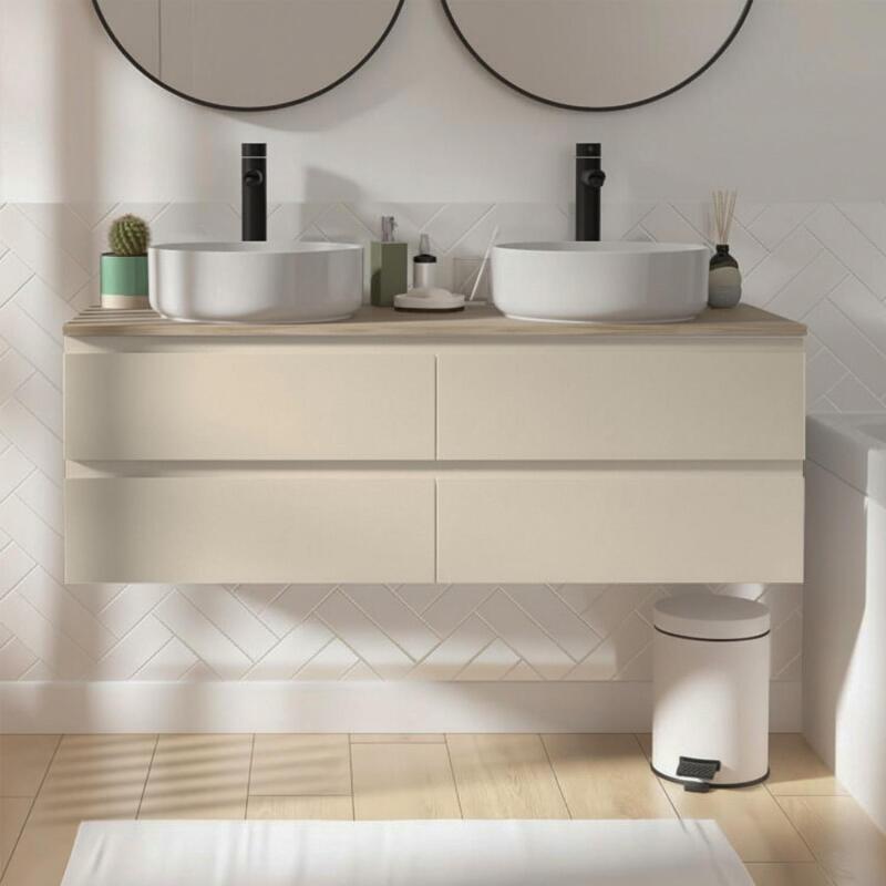 Ensemble double vasque suspendu avec plan bois et 2 vasques à poser 120cm