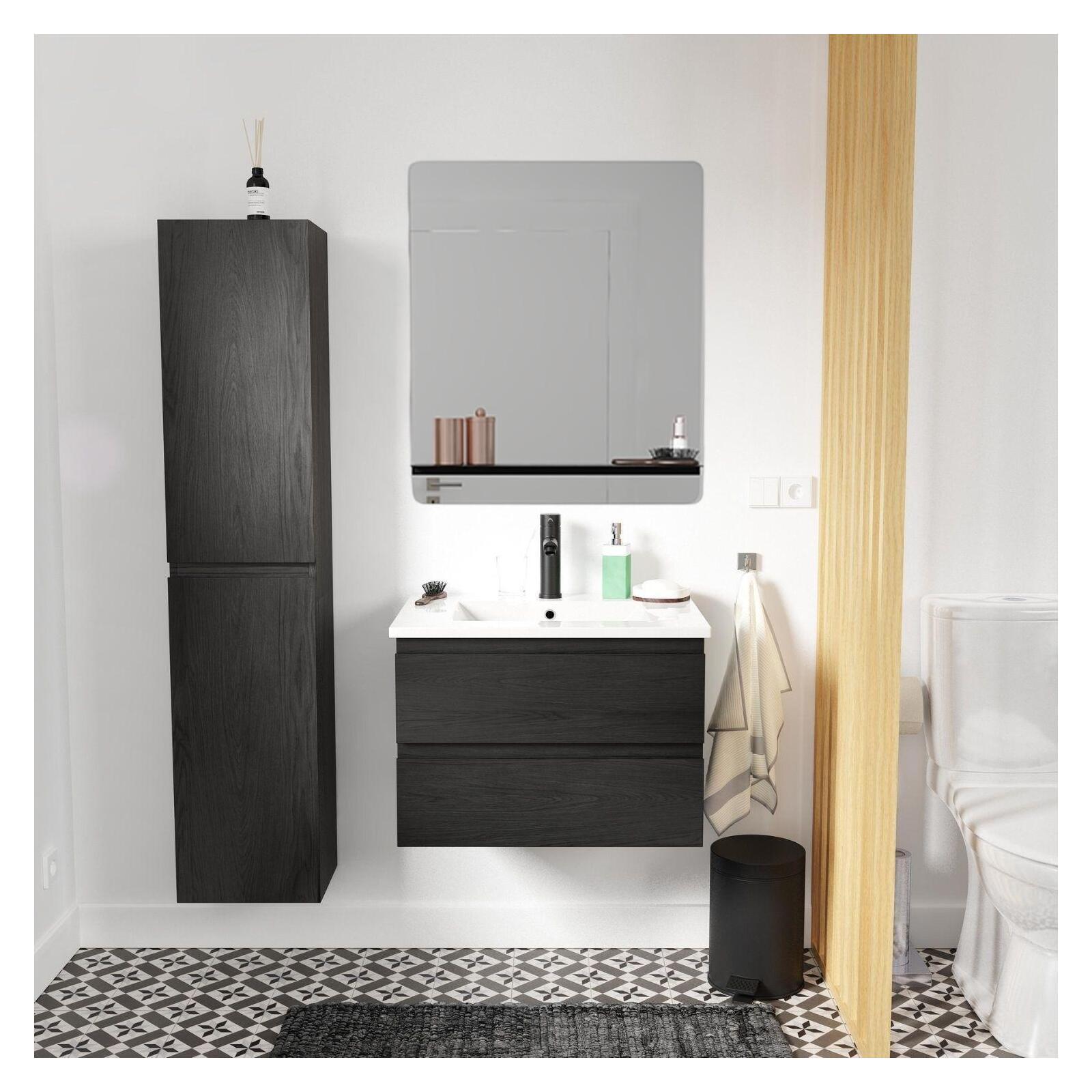 Ensemble meuble simple vasque 60cm décor chêne + vasque noire + robinet + miroir + colonne