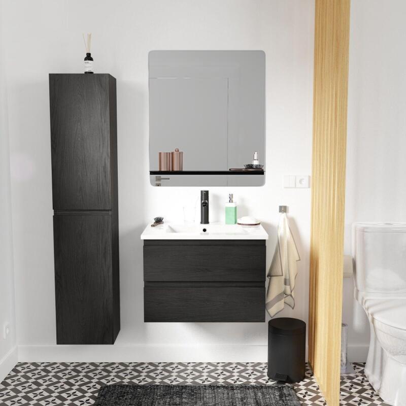 Ensemble meuble simple vasque 60cm décor chêne + vasque noire + robinet + miroir + colonne