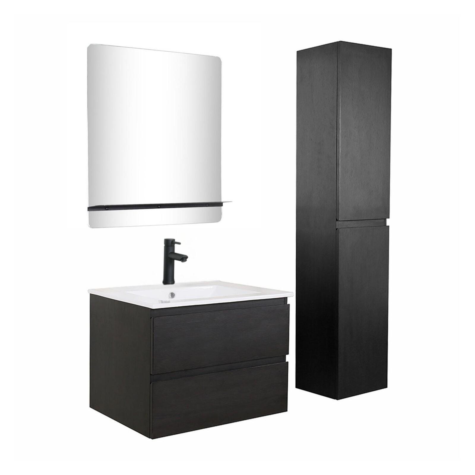 Ensemble meuble simple vasque 60cm décor chêne + vasque noire + robinet + miroir + colonne