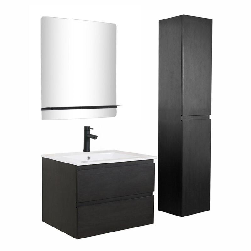Ensemble meuble simple vasque 60cm décor chêne + vasque noire + robinet + miroir + colonne