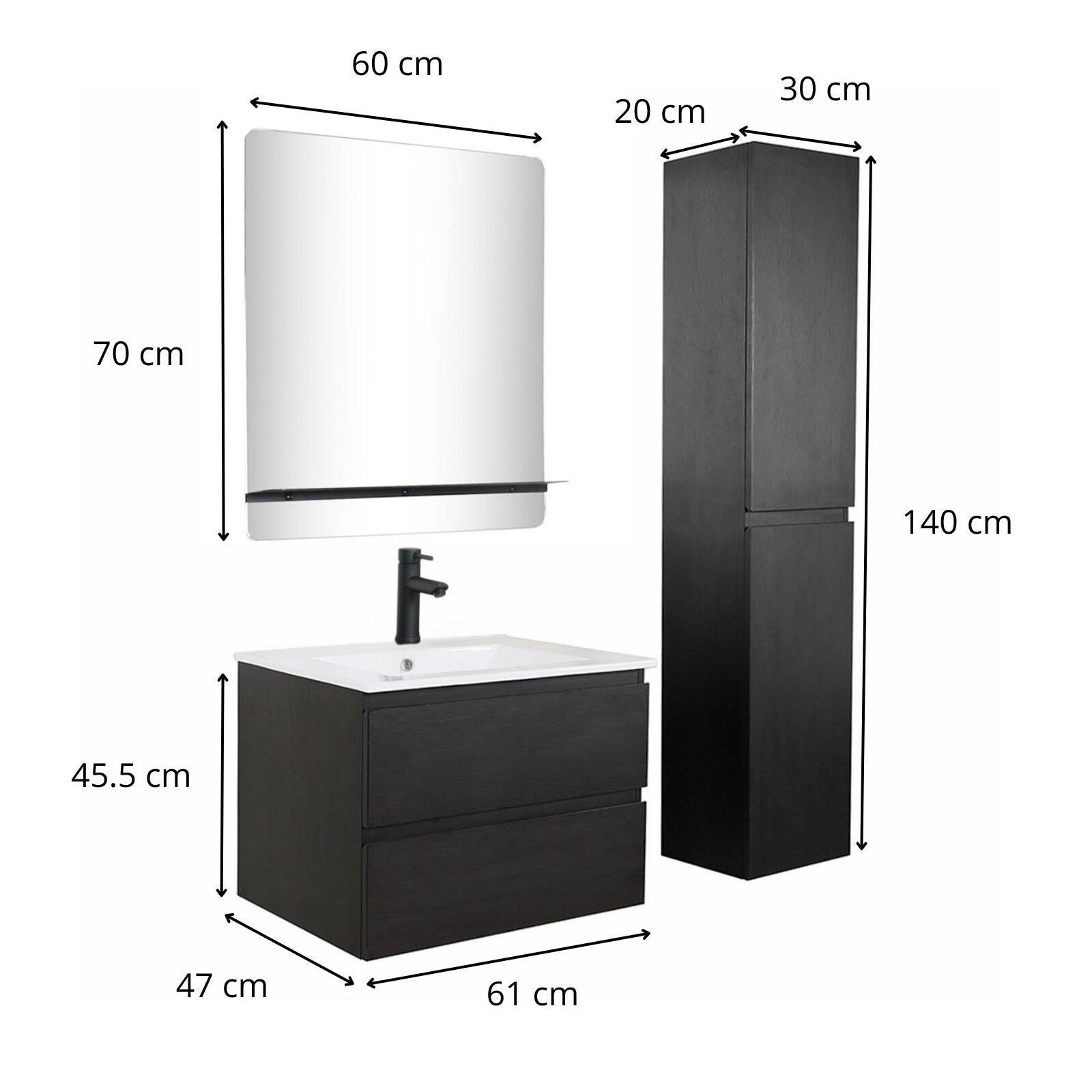 Ensemble meuble simple vasque 60cm décor chêne + vasque noire + robinet + miroir + colonne