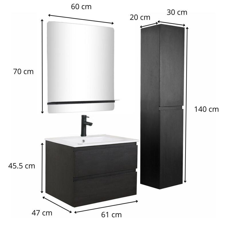 Ensemble meuble simple vasque 60cm décor chêne + vasque noire + robinet + miroir + colonne