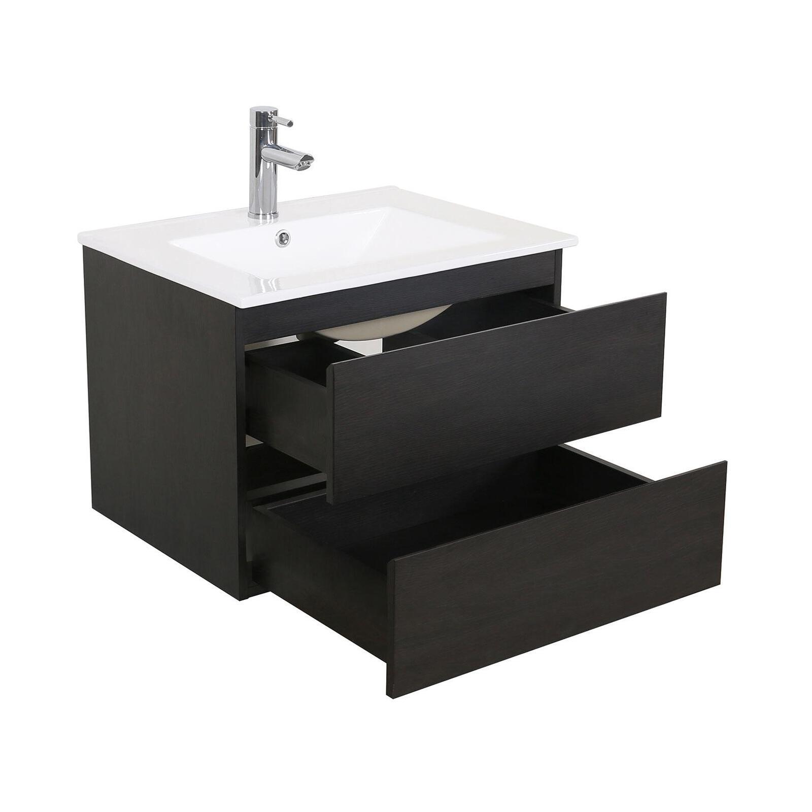 Ensemble meuble simple vasque 60cm décor chêne + vasque noire + robinet + miroir + colonne