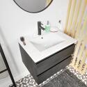 Ensemble meuble simple vasque 60cm décor chêne + vasque noire + robinet + miroir + colonne