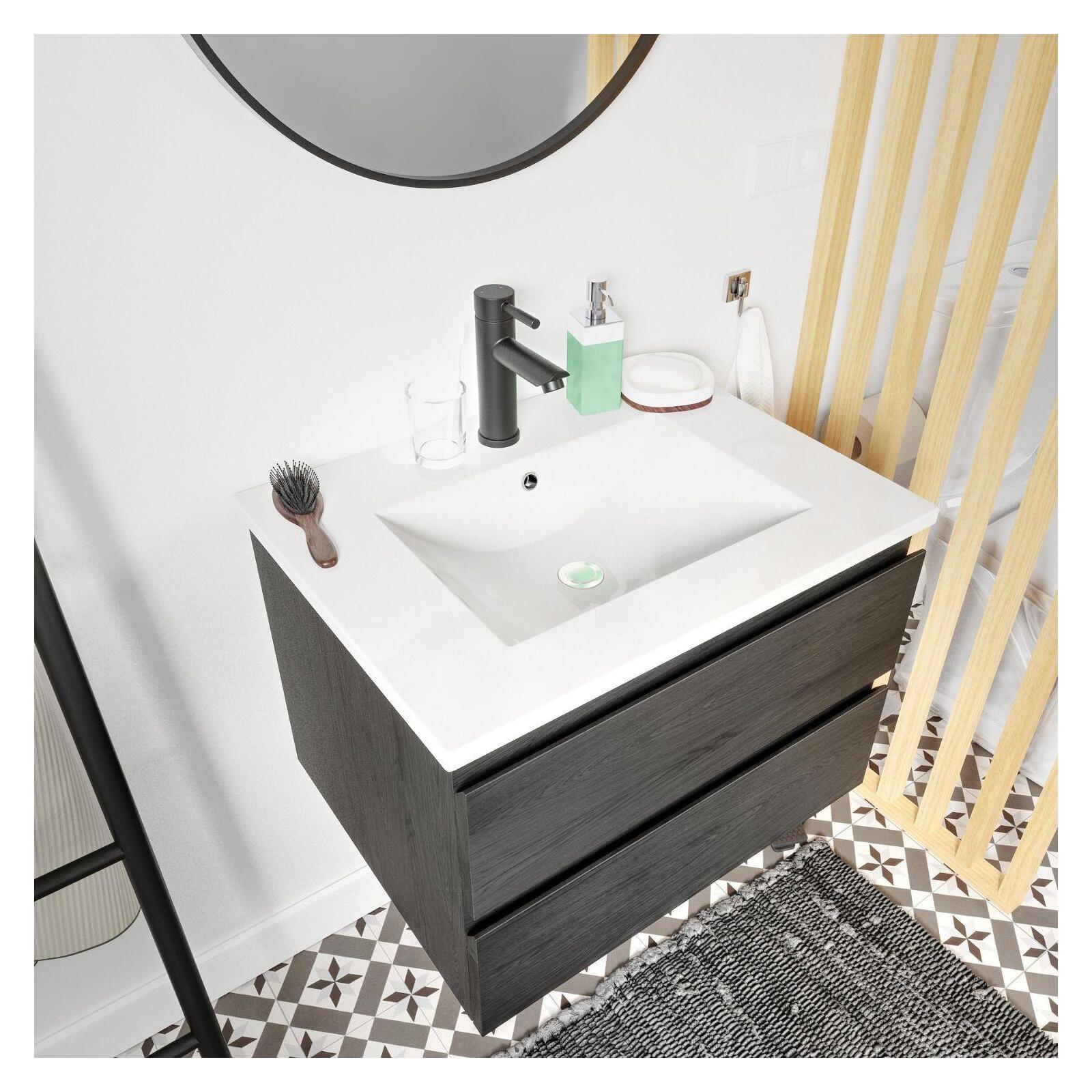 Ensemble meuble simple vasque 60cm décor chêne + vasque noire + robinet + miroir + colonne