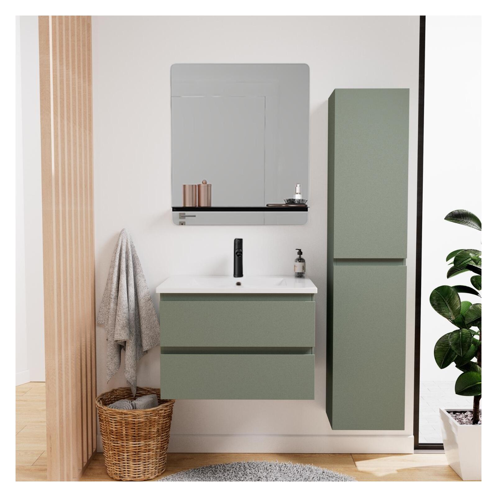 Ensemble meuble simple vasque 60cm décor chêne + vasque noire + robinet + miroir + colonne