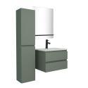 Ensemble meuble simple vasque 60cm décor chêne + vasque noire + robinet + miroir + colonne