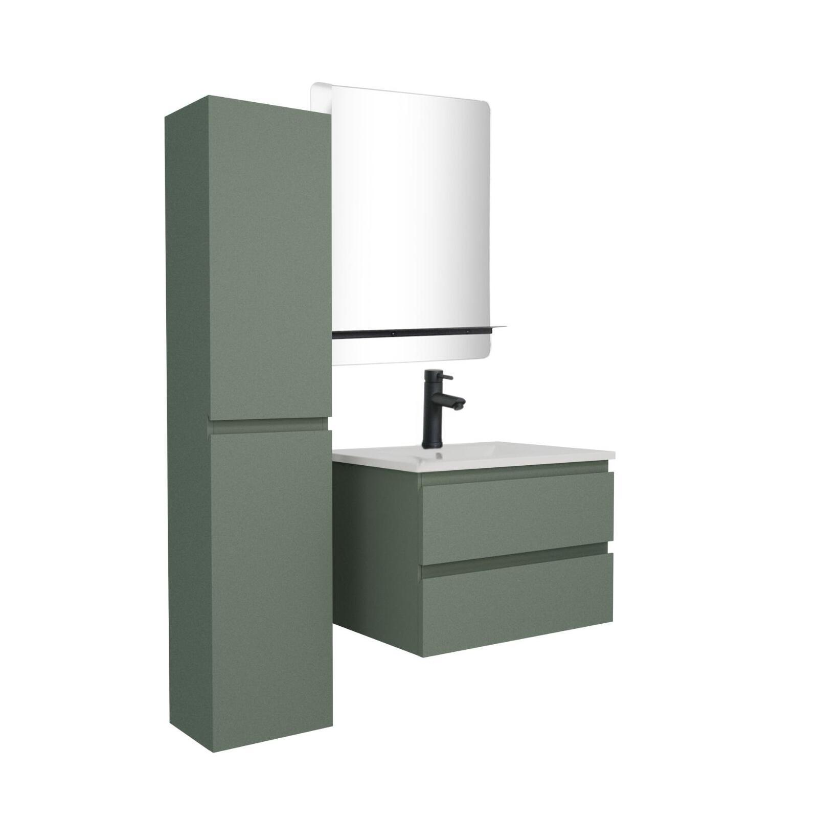 Ensemble meuble simple vasque 60cm décor chêne + vasque noire + robinet + miroir + colonne