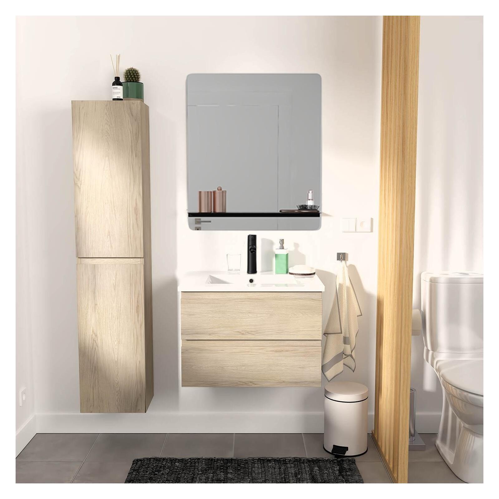 Ensemble meuble simple vasque 60cm décor chêne + vasque noire + robinet + miroir + colonne