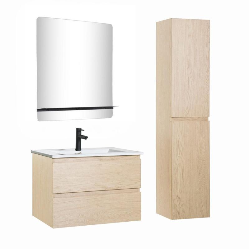 Ensemble meuble simple vasque 60cm décor chêne + vasque noire + robinet + miroir + colonne