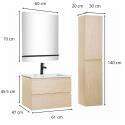 Ensemble meuble simple vasque 60cm décor chêne + vasque noire + robinet + miroir + colonne
