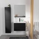 Ensemble meuble simple vasque 60cm décor chêne + vasque noire + robinet + miroir + colonne