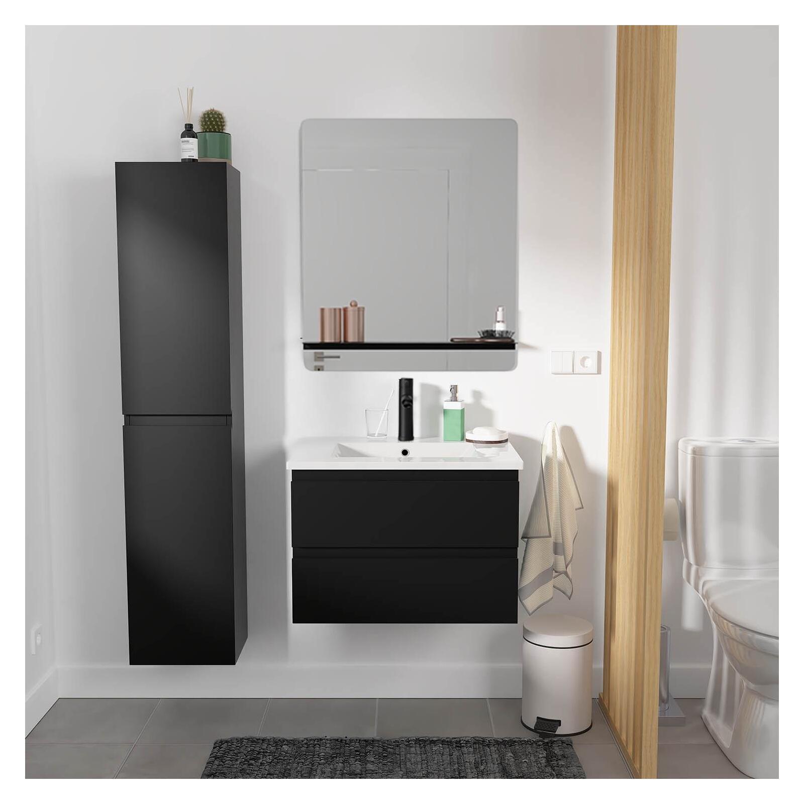 Ensemble meuble simple vasque 60cm décor chêne + vasque noire + robinet + miroir + colonne