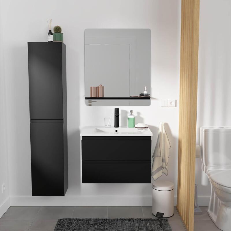 Ensemble meuble simple vasque 60cm décor chêne + vasque noire + robinet + miroir + colonne