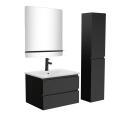 Ensemble meuble simple vasque 60cm décor chêne + vasque noire + robinet + miroir + colonne