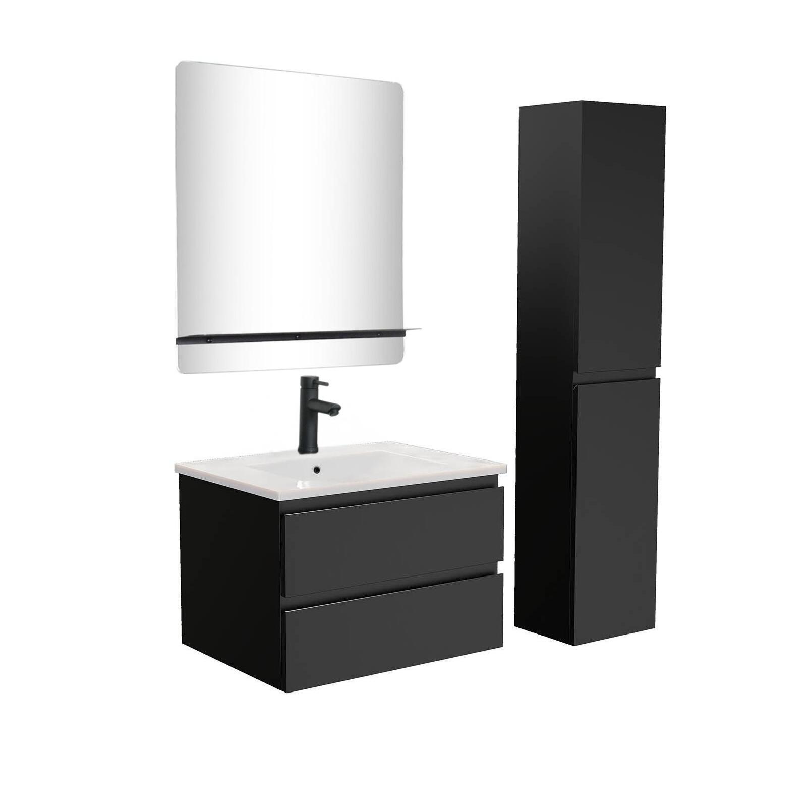 Ensemble meuble simple vasque 60cm décor chêne + vasque noire + robinet + miroir + colonne
