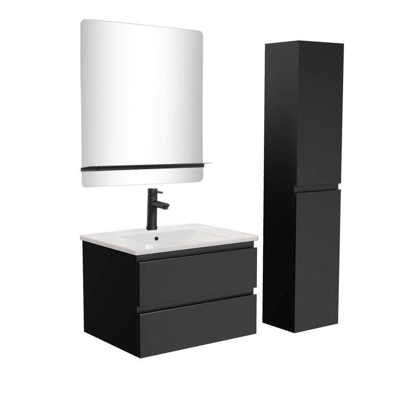 Ensemble meuble simple vasque 60cm décor chêne + vasque noire + robinet + miroir + colonne