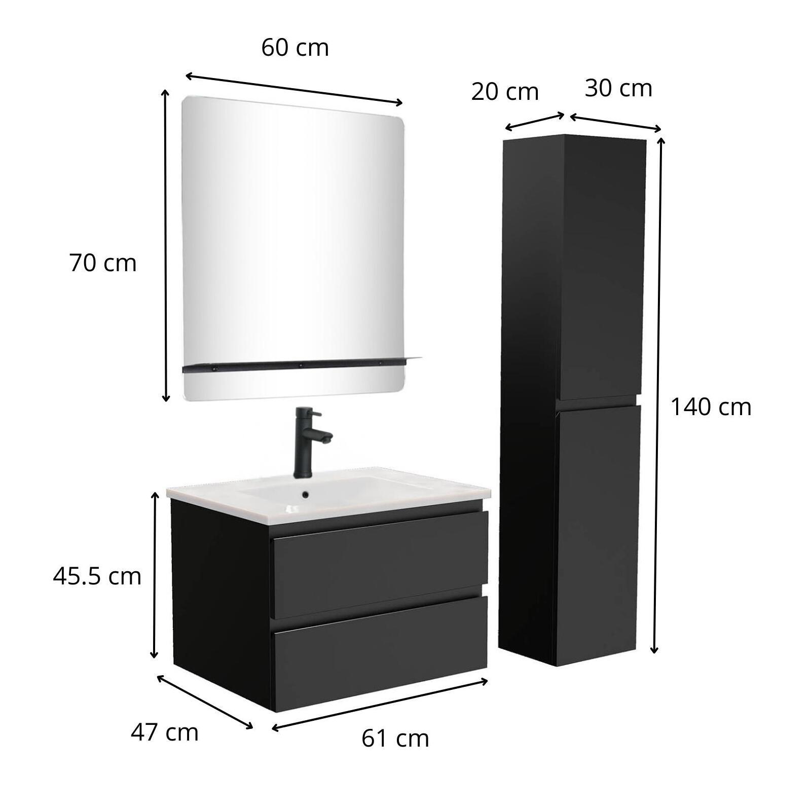Ensemble meuble simple vasque 60cm décor chêne + vasque noire + robinet + miroir + colonne