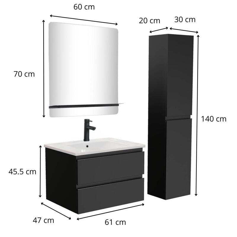 Ensemble meuble simple vasque 60cm décor chêne + vasque noire + robinet + miroir + colonne