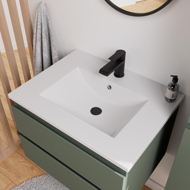 Ensemble meuble simple vasque 60cm décor chêne + vasque noire + robinet + miroir + colonne