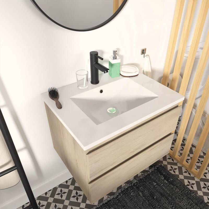 Ensemble meuble simple vasque 60cm décor chêne + vasque noire + robinet + miroir + colonne