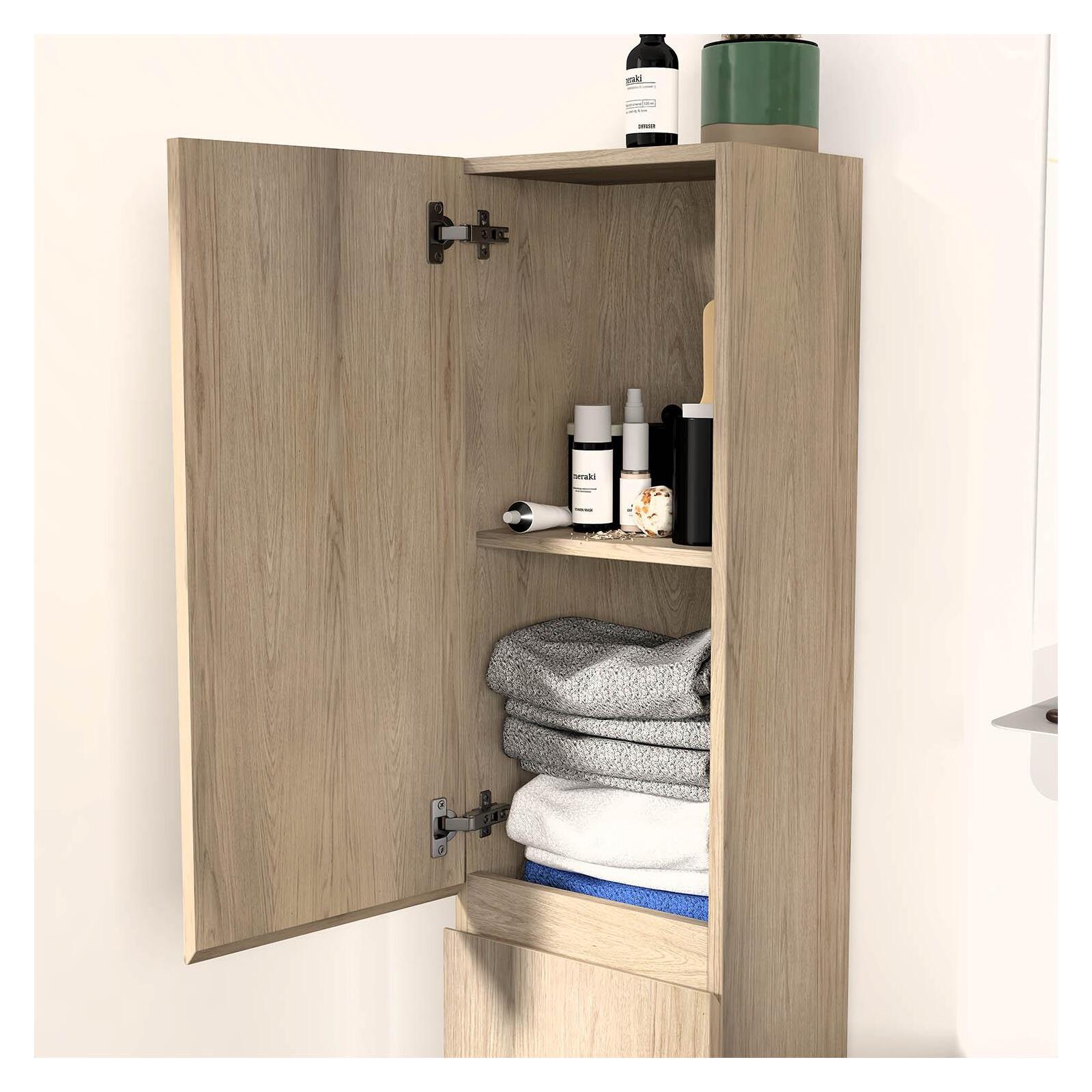 Ensemble meuble simple vasque 60cm décor chêne + vasque noire + robinet + miroir + colonne