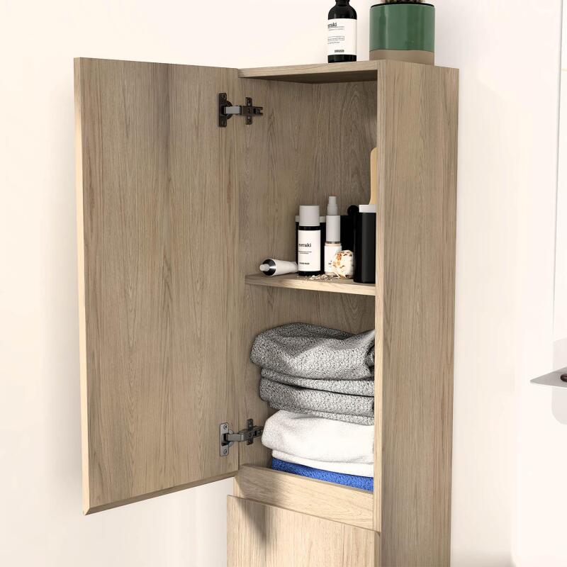 Ensemble meuble simple vasque 60cm décor chêne + vasque noire + robinet + miroir + colonne