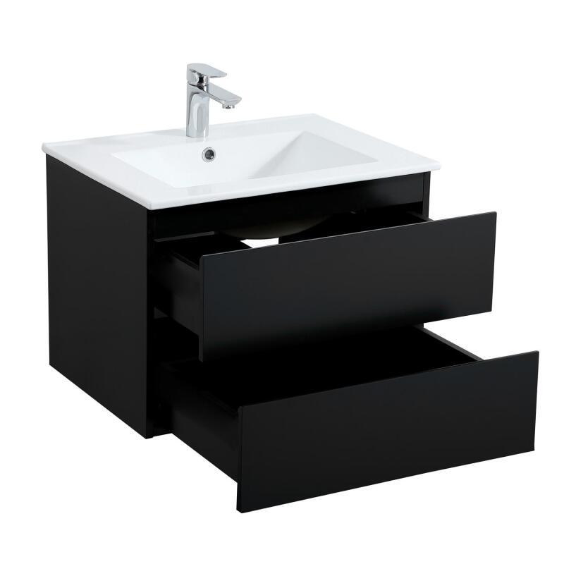 Ensemble meuble simple vasque 60cm décor chêne + vasque noire + robinet + miroir + colonne