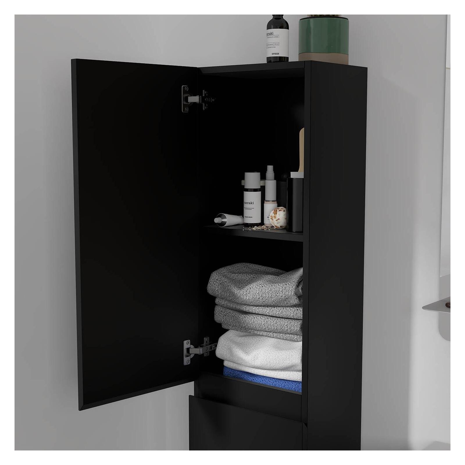 Ensemble meuble simple vasque 60cm décor chêne + vasque noire + robinet + miroir + colonne