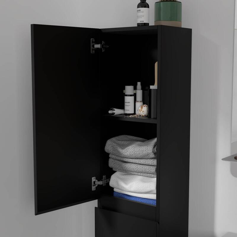 Ensemble meuble simple vasque 60cm décor chêne + vasque noire + robinet + miroir + colonne