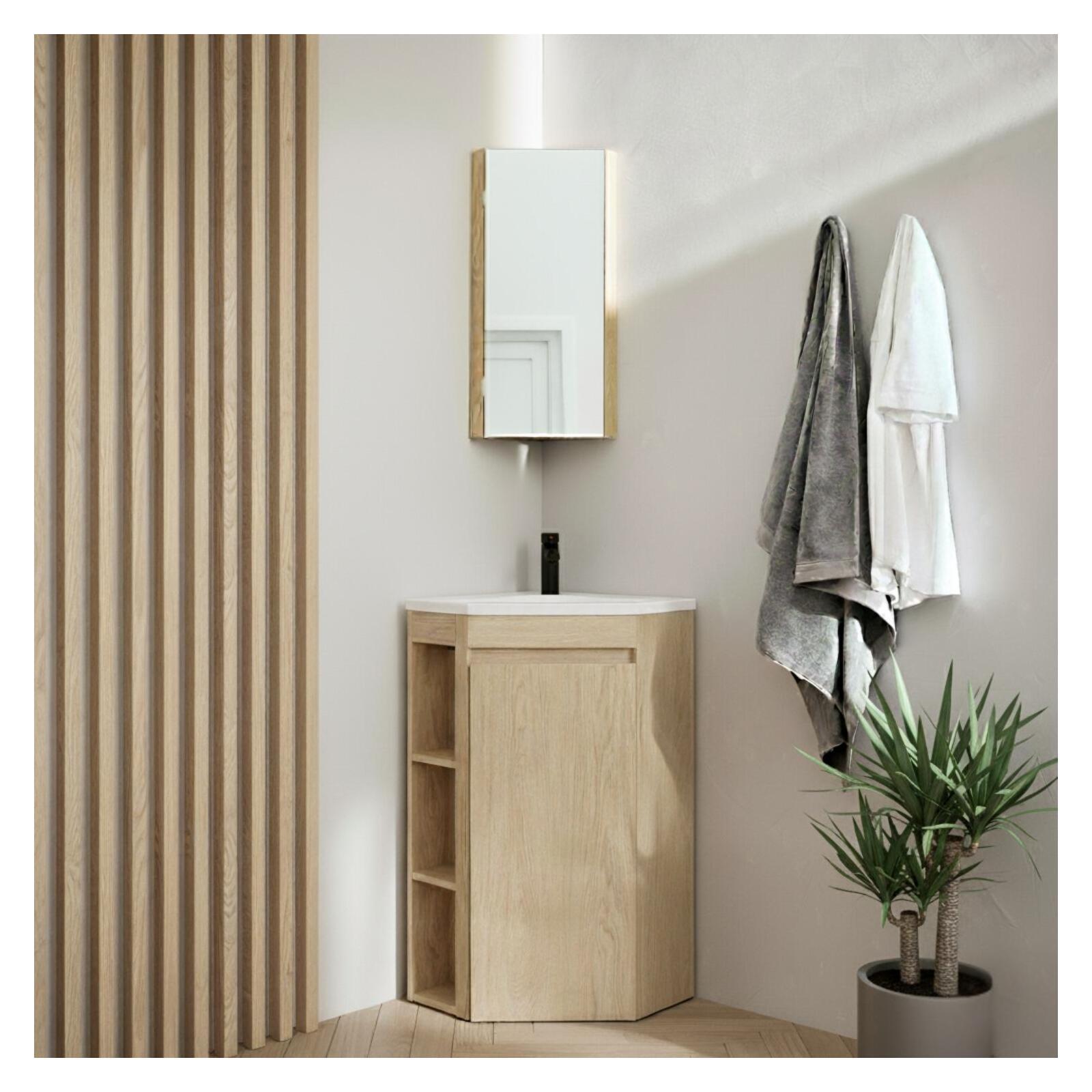 Ensemble meuble sous vasque d'angle sur pieds avec vasque en résine, robinet noir et armoire de toilette