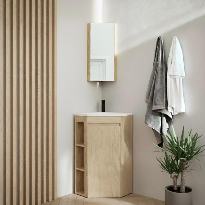 Ensemble meuble sous vasque d'angle sur pieds avec vasque en résine, robinet noir et armoire de toilette