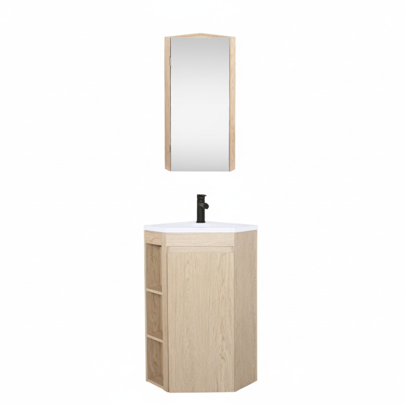 Ensemble meuble sous vasque d'angle sur pieds avec vasque en résine, robinet noir et armoire de toilette