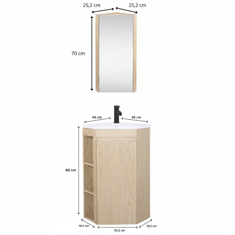 Ensemble meuble sous vasque d'angle sur pieds avec vasque en résine, robinet noir et armoire de toilette
